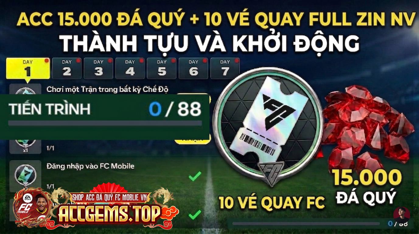 ACC REG 15.000 ĐÁ QUÝ + 10 VÉ QUAY FC ( FULL ZIN THÀNH TỰU VÀ KHỞI ĐỘNG ) ĐỒNG GIÁ 20k