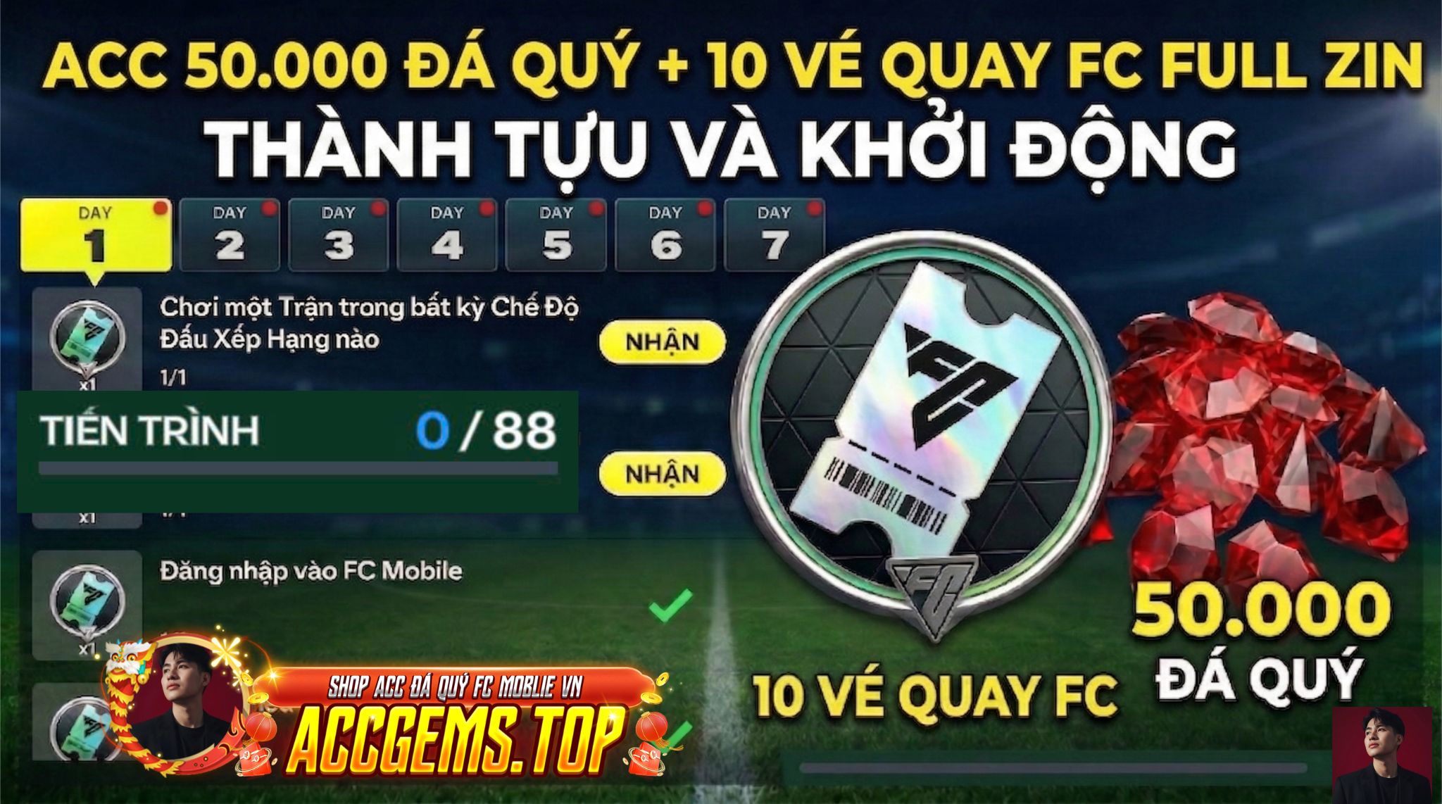 ACC REG 50.000 ĐÁ QUÝ + 10 VÉ QUAY FC ( FULL ZIN THÀNH TỰU VÀ KHỞI ĐỘNG ) ĐỒNG GIÁ 39K